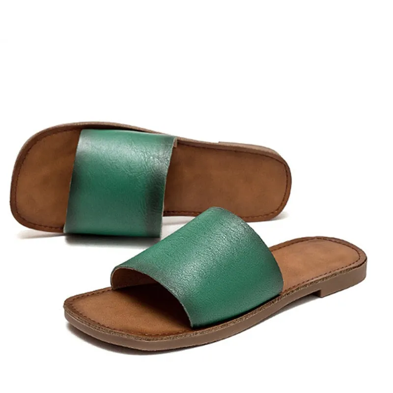 Slip-on Style Leather Slippers for Women Flat in Orange/Green/Beige