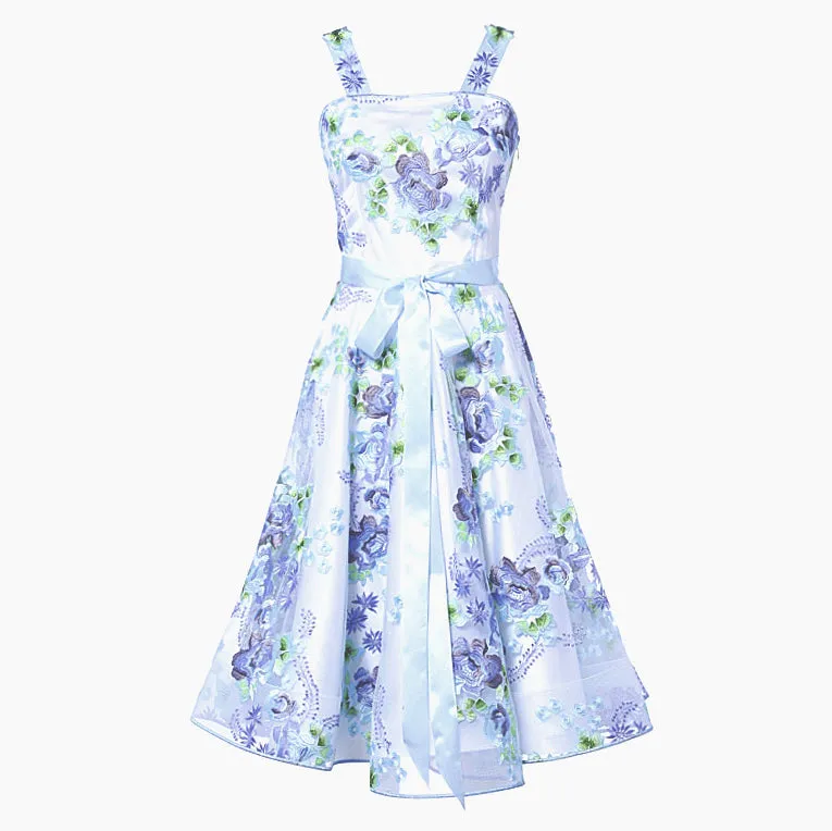 Tea-long sleeveless dress, full circle skirt, icy blue bow and straps (embroidered).