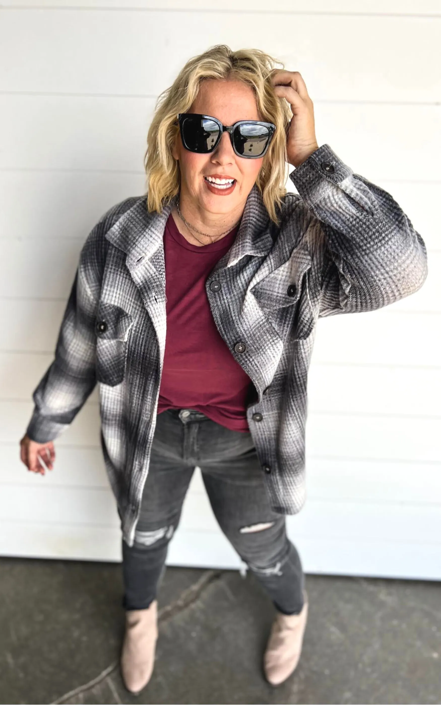 The Willow BRUSHED WAFFLE PLAID OVERSIZED SHACKET - Black