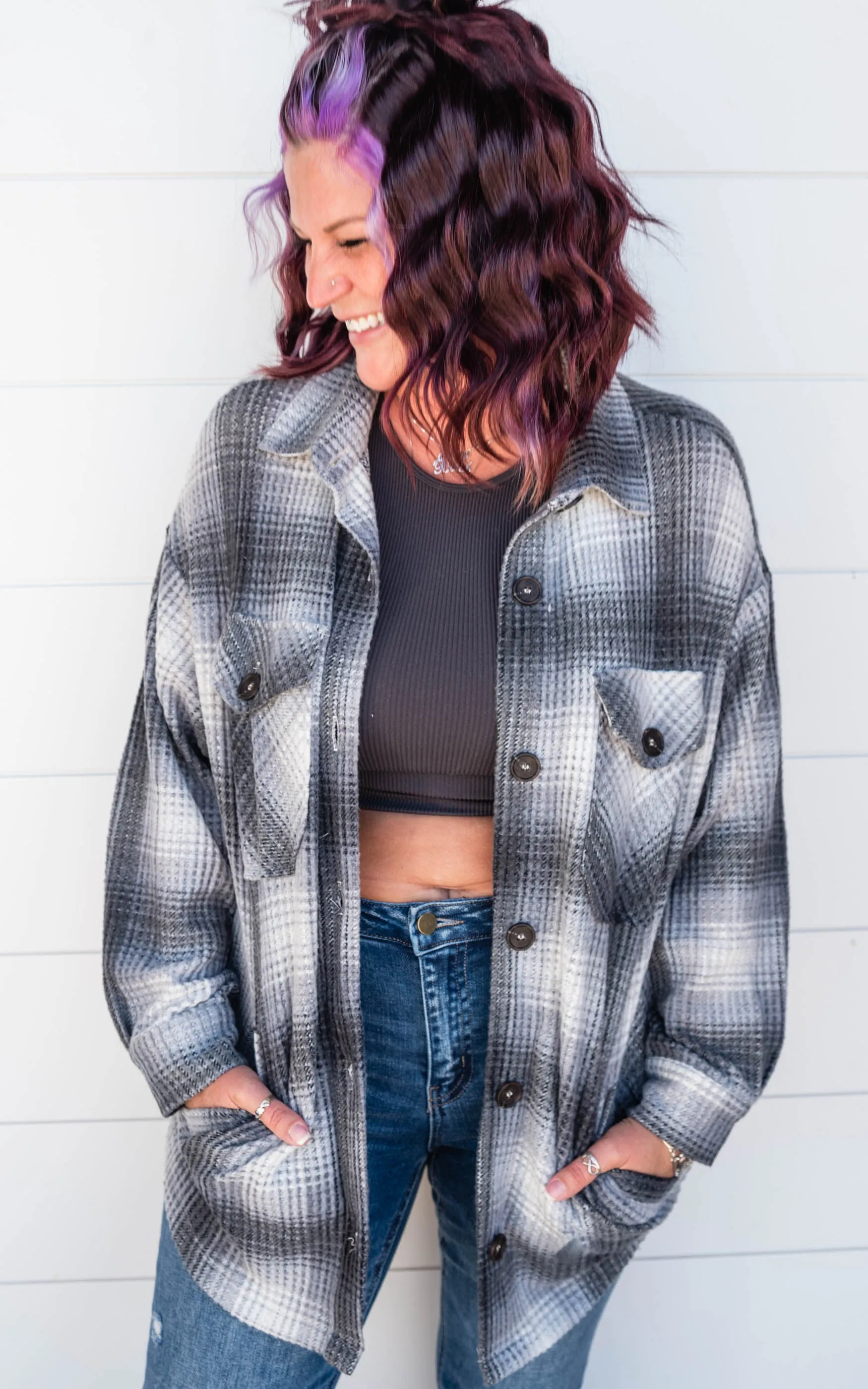 The Willow BRUSHED WAFFLE PLAID OVERSIZED SHACKET - Black