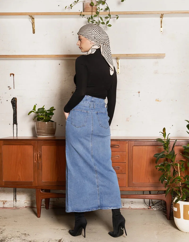 Tie Up Denim Maxi Skirt