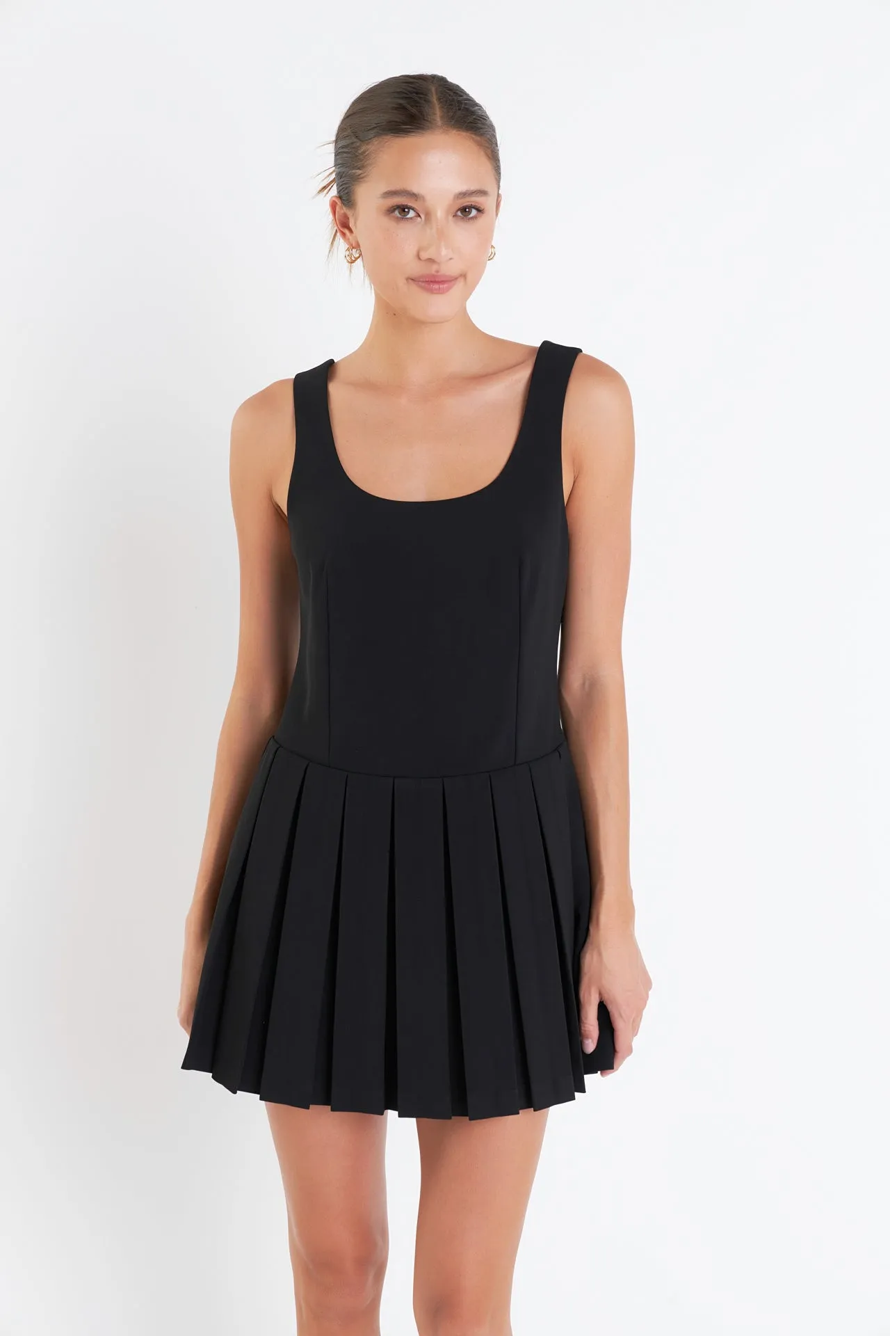 U-Neck Pleated Sleeveless Mini Dress