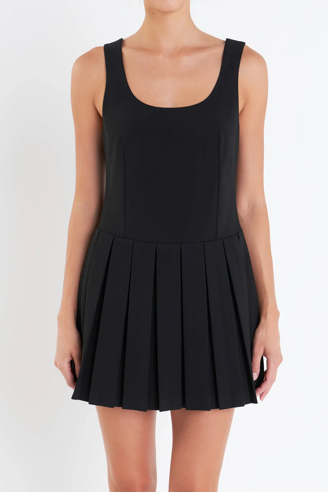 U-Neck Pleated Sleeveless Mini Dress
