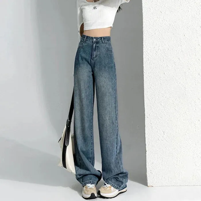 Vintage Female 2024 New High-Waisted Straight Loose Small Drag Jeans