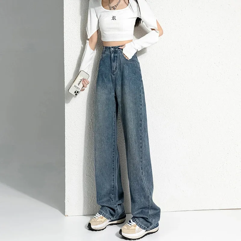 Vintage Female 2024 New High-Waisted Straight Loose Small Drag Jeans