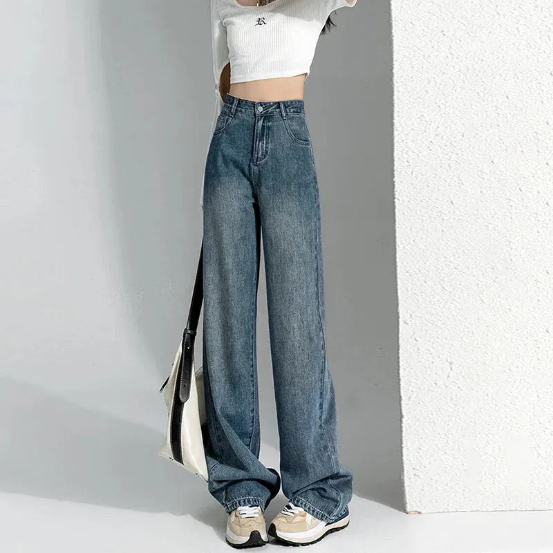 Vintage Female 2024 New High-Waisted Straight Loose Small Drag Jeans