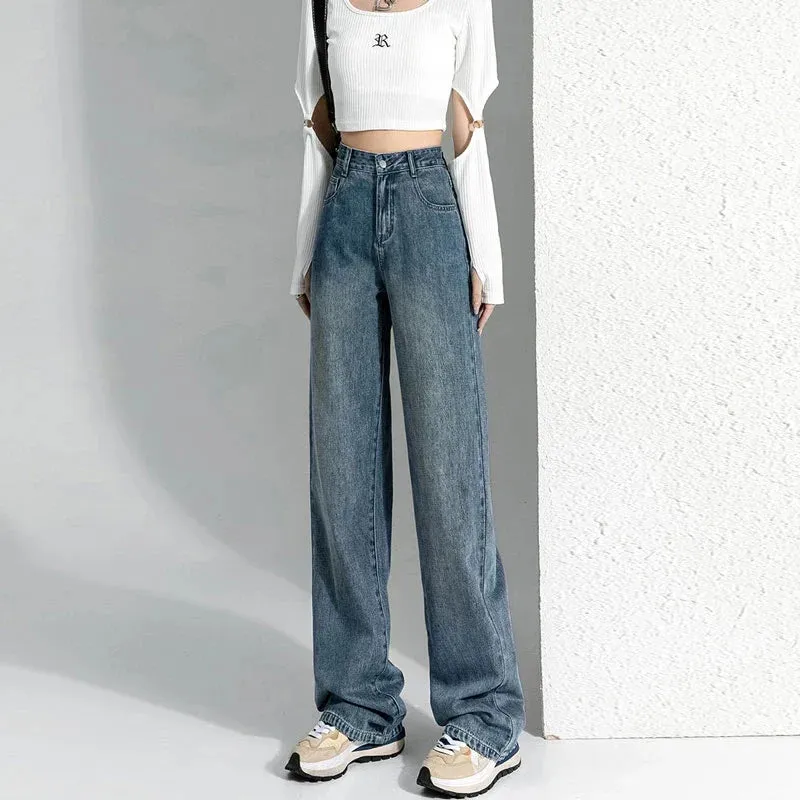 Vintage Female 2024 New High-Waisted Straight Loose Small Drag Jeans