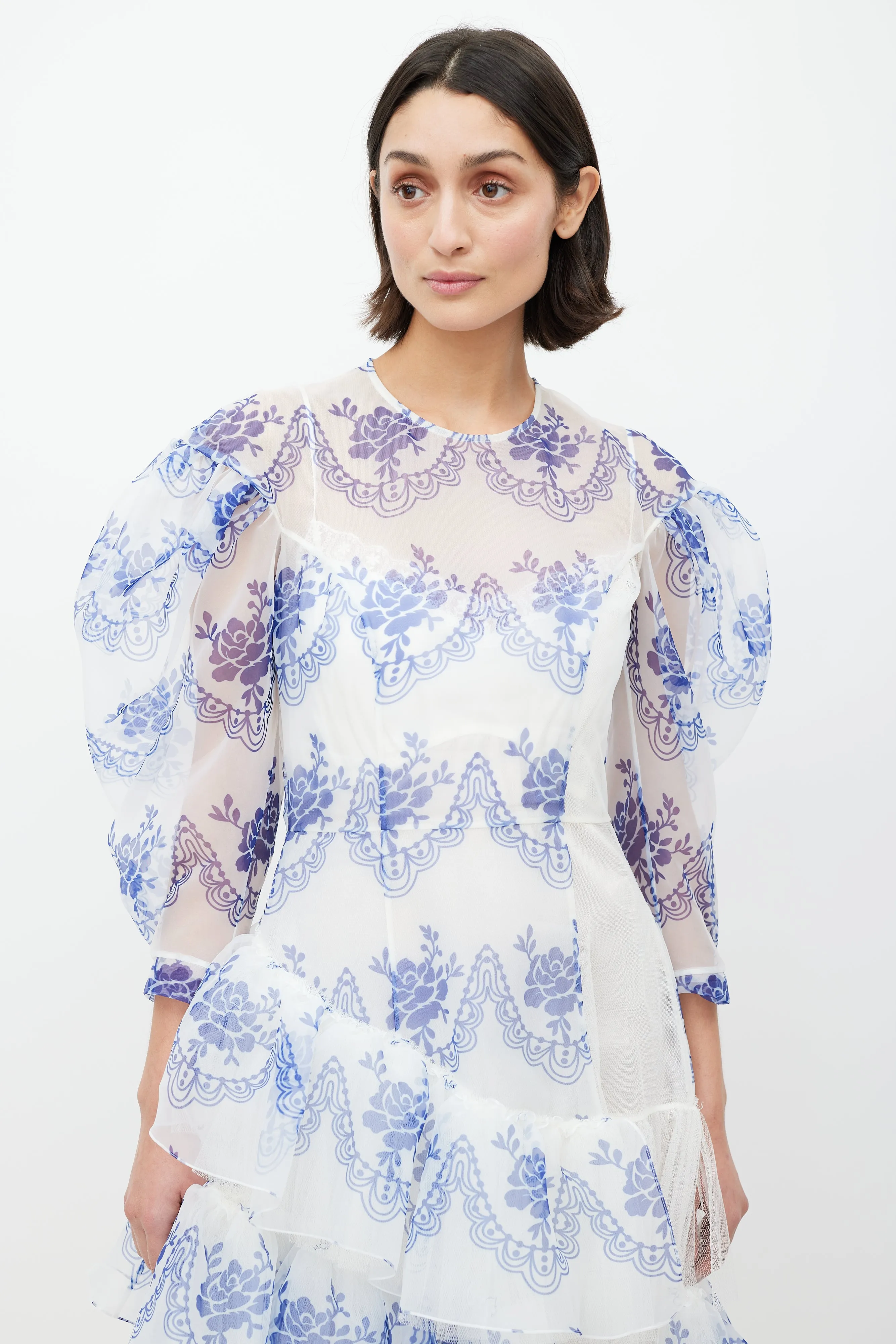 White & Blue Floral Ruffled Dress