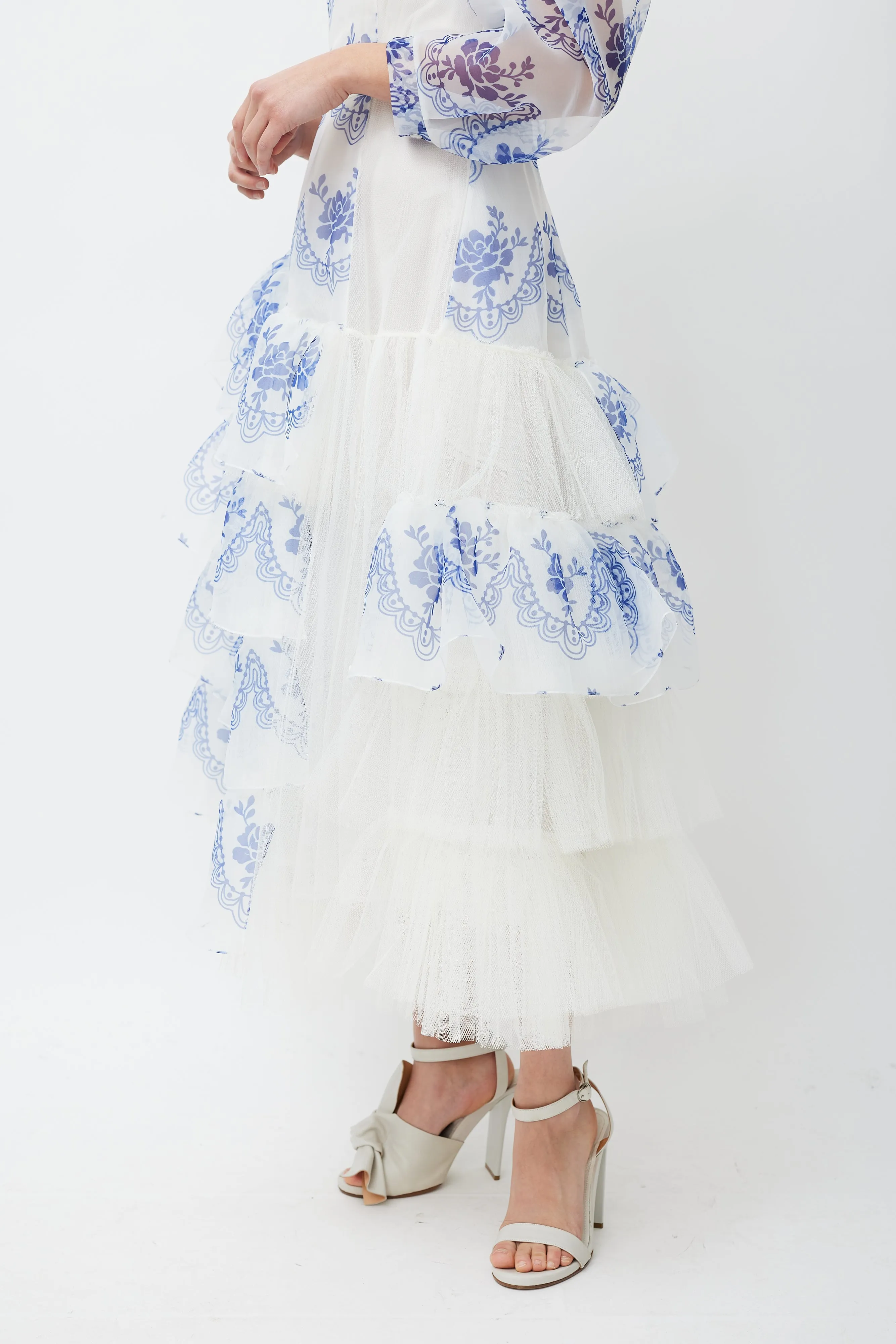 White & Blue Floral Ruffled Dress