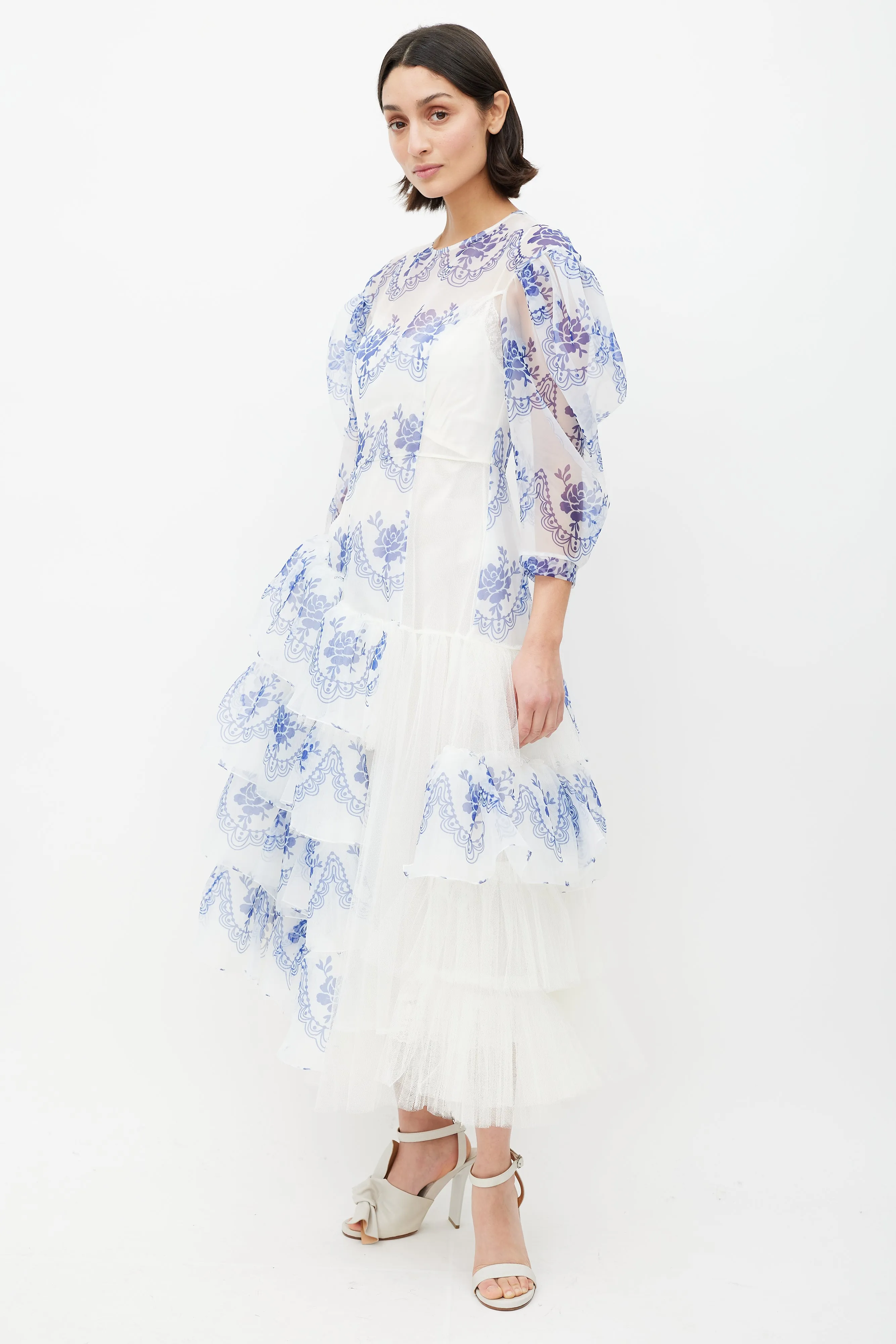 White & Blue Floral Ruffled Dress