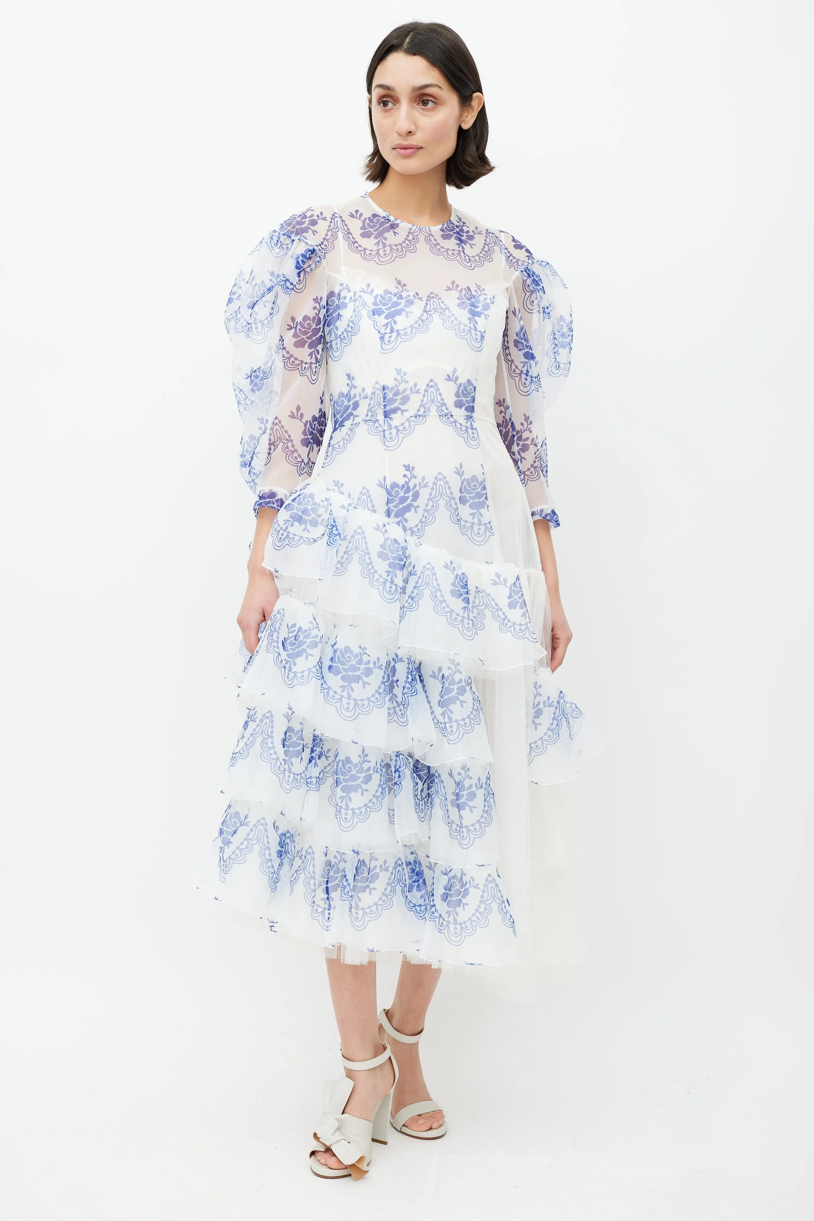 White & Blue Floral Ruffled Dress