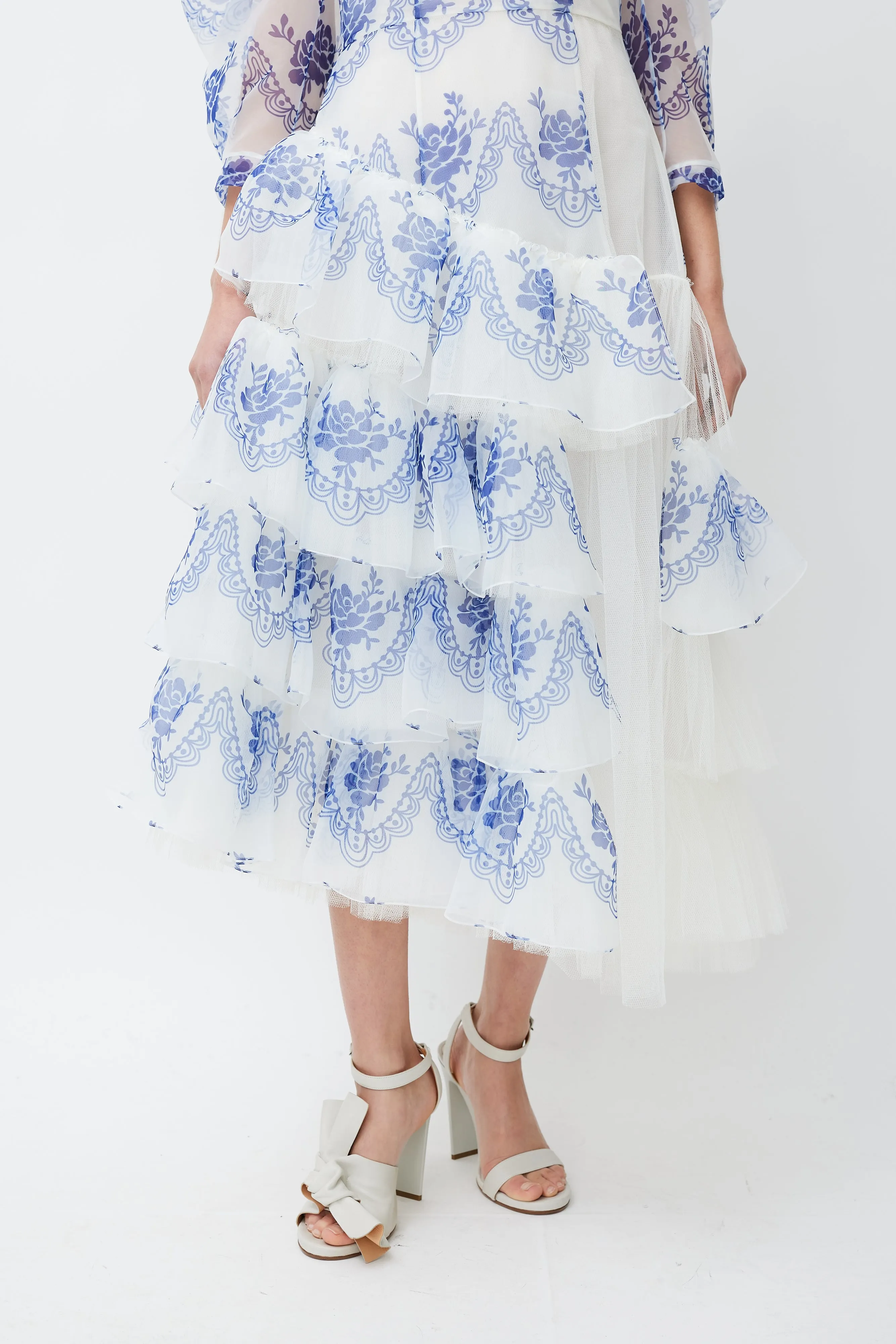 White & Blue Floral Ruffled Dress