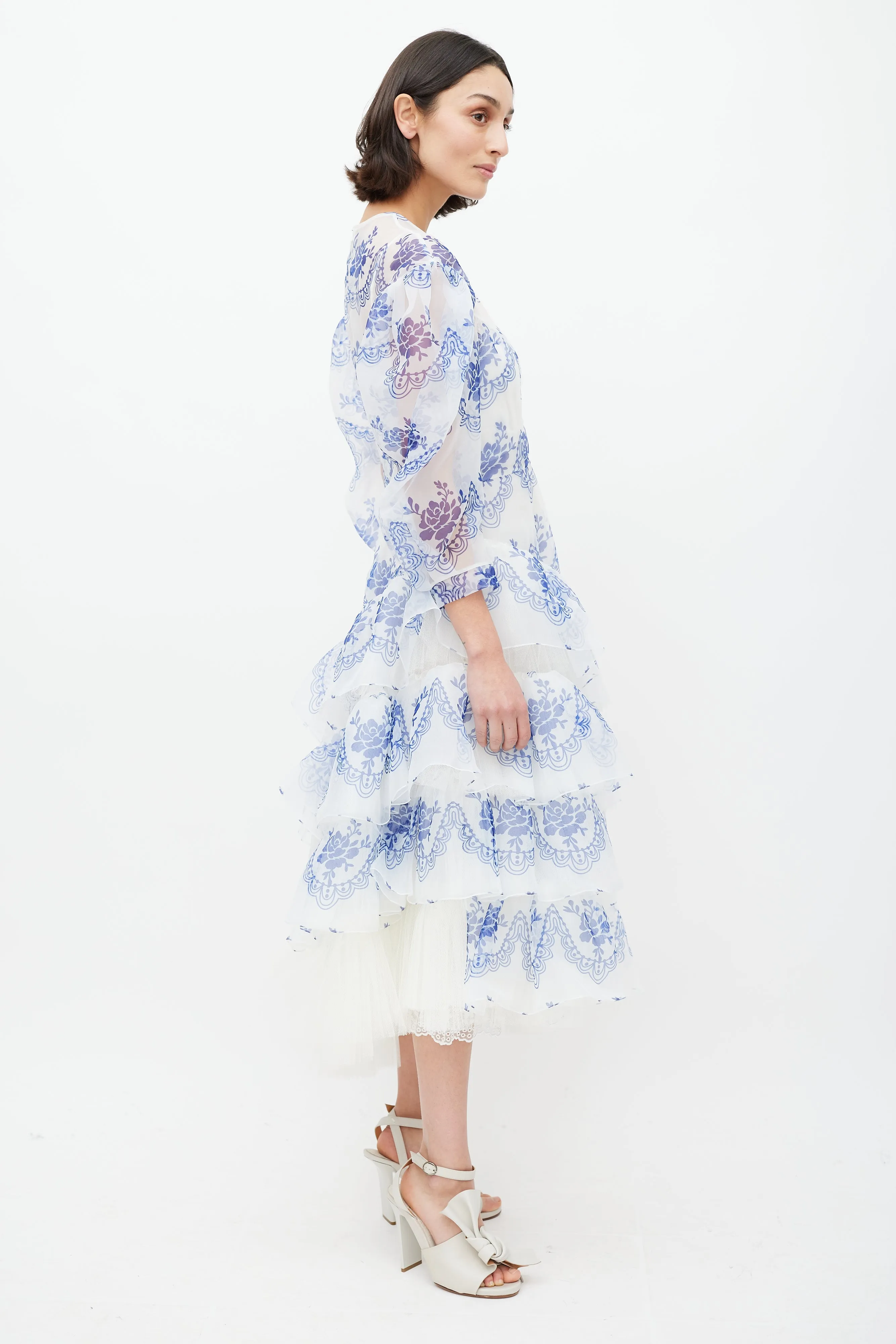 White & Blue Floral Ruffled Dress