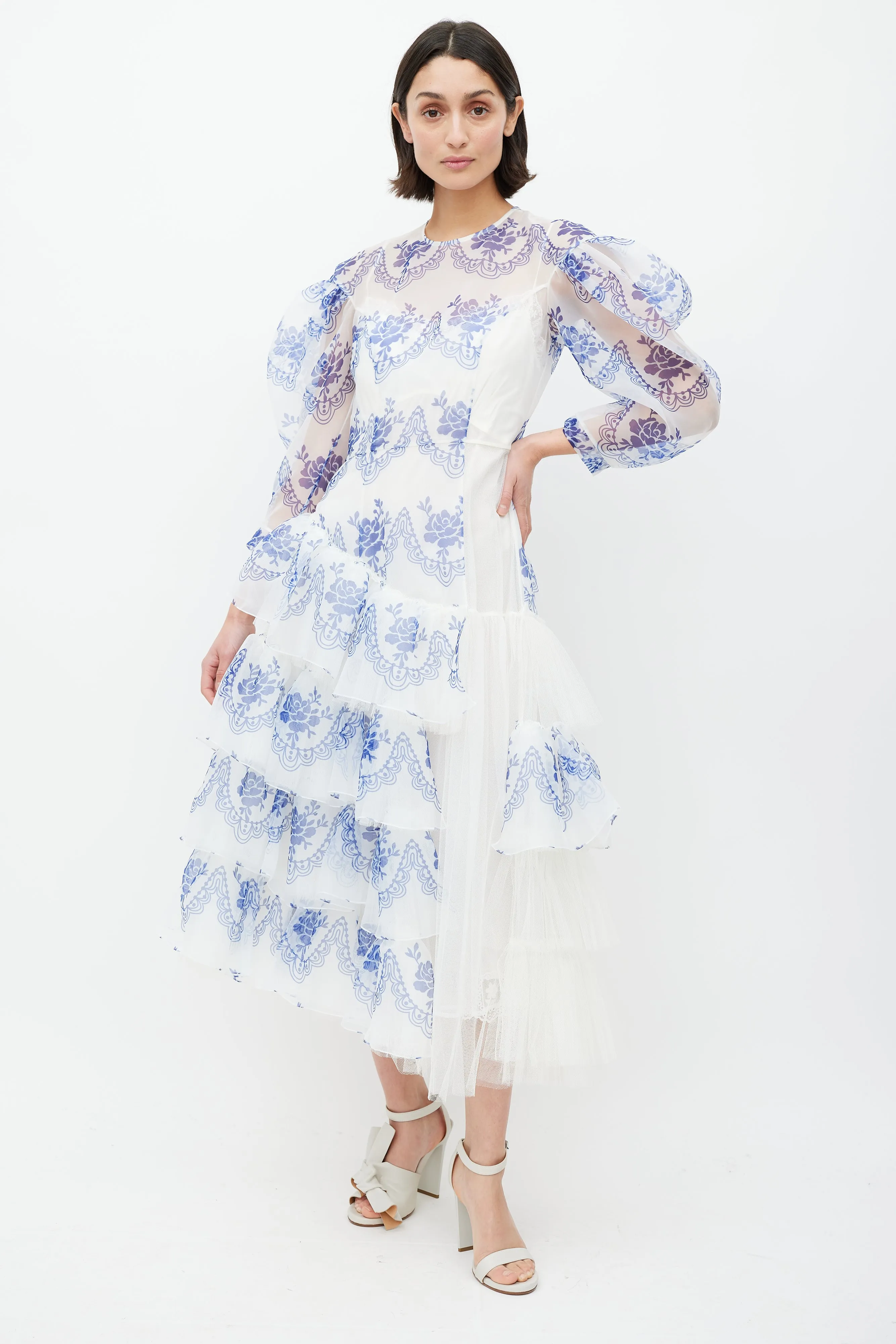 White & Blue Floral Ruffled Dress
