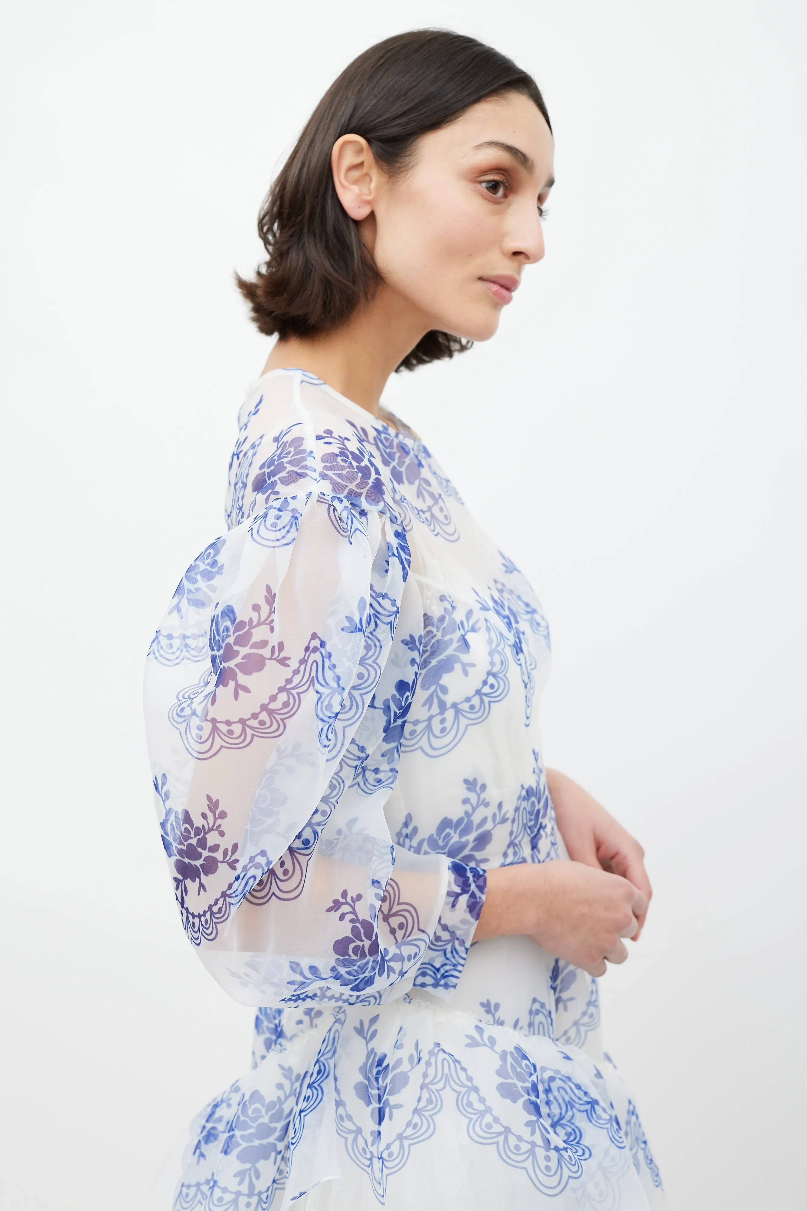 White & Blue Floral Ruffled Dress