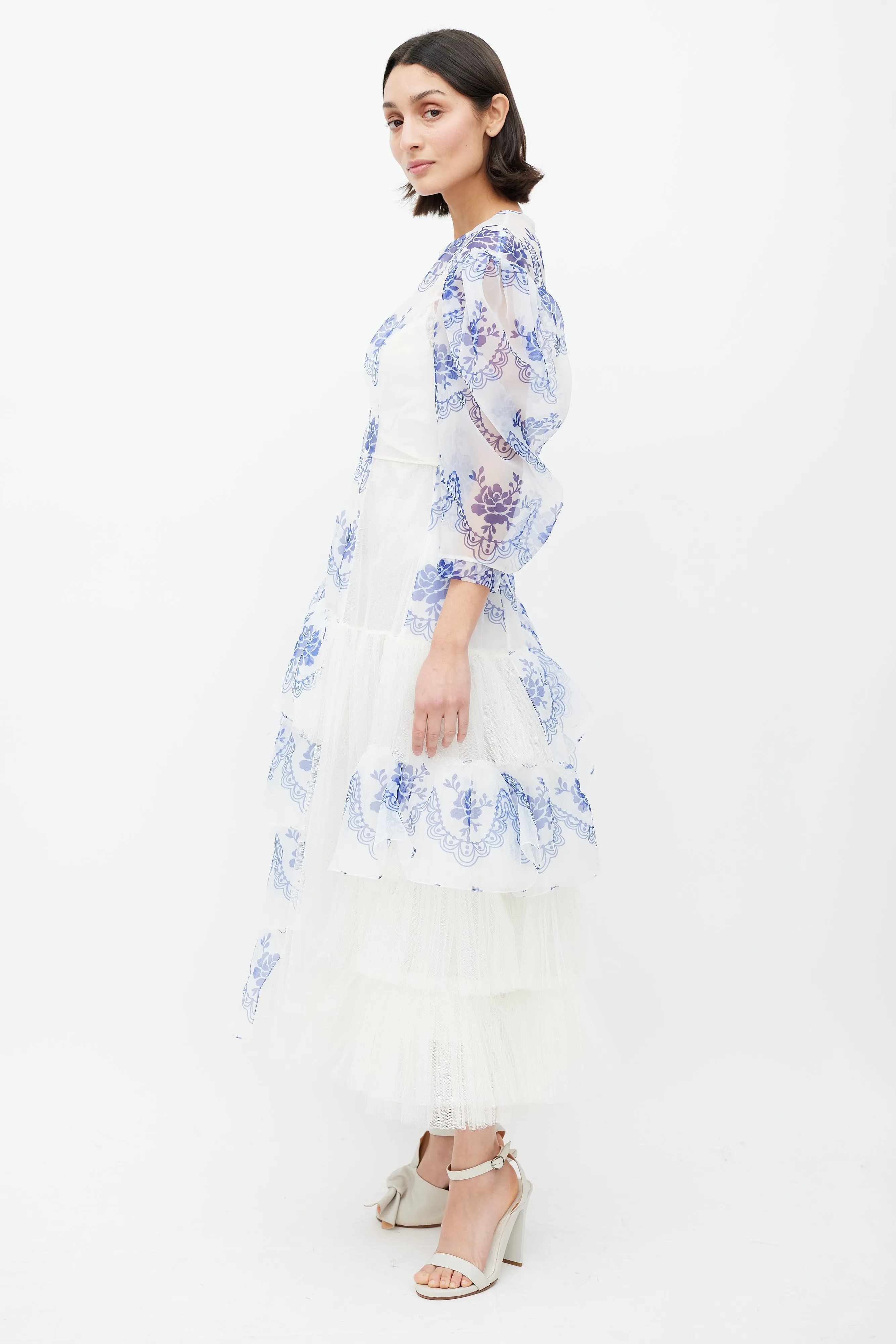 White & Blue Floral Ruffled Dress
