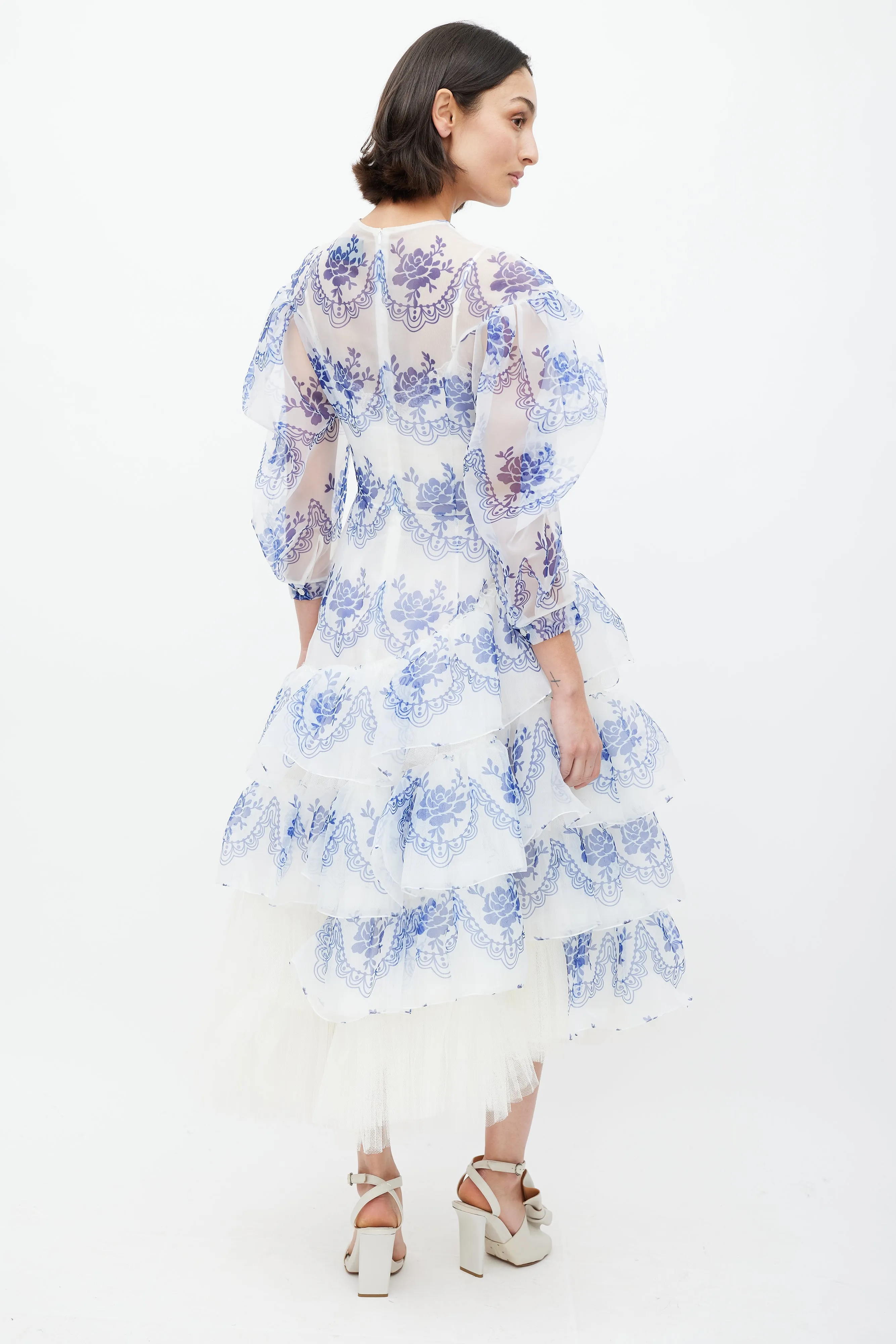 White & Blue Floral Ruffled Dress