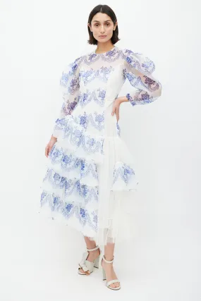 White & Blue Floral Ruffled Dress