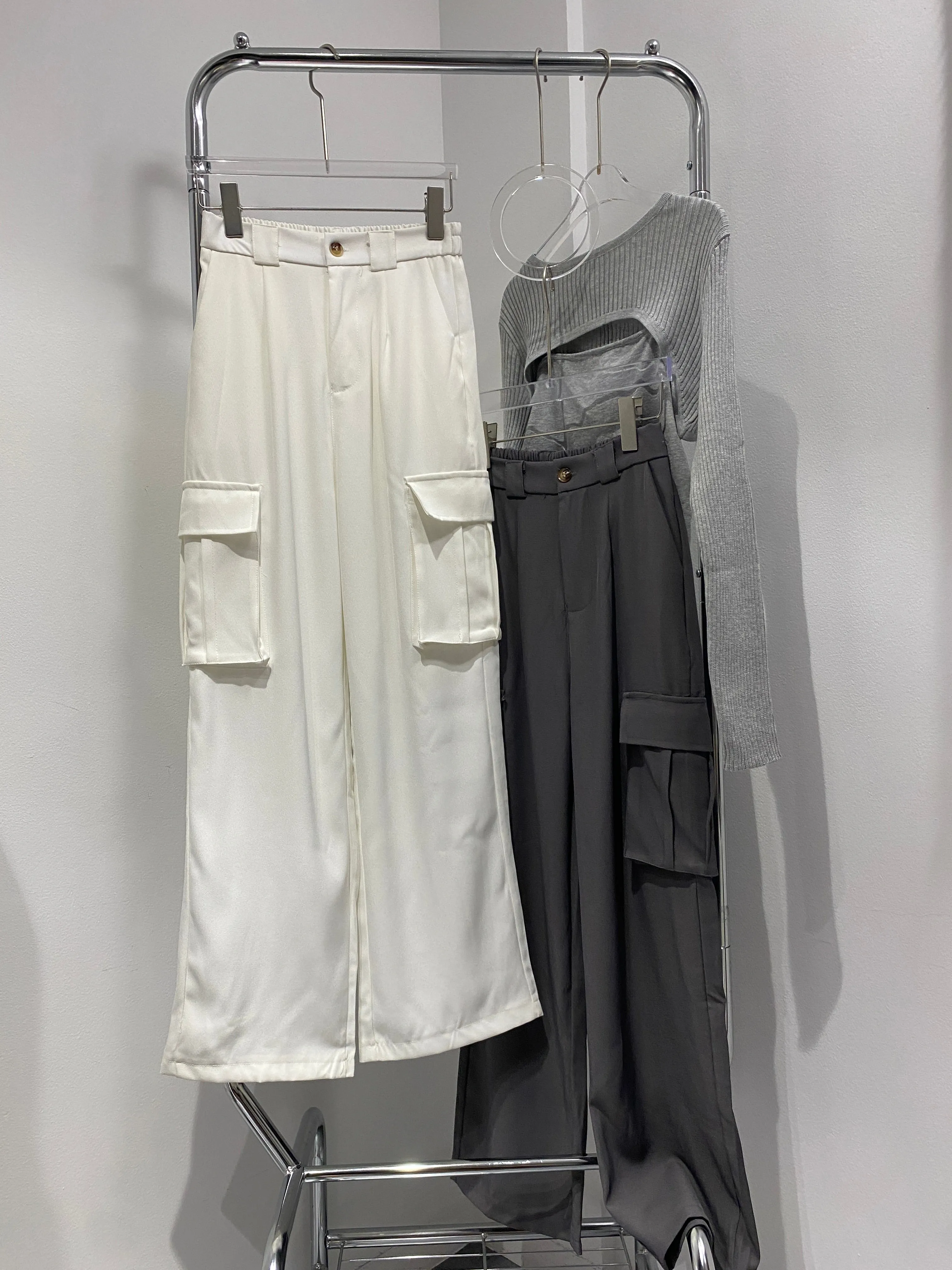 Wide Leg Cargo Trousers - Smoke