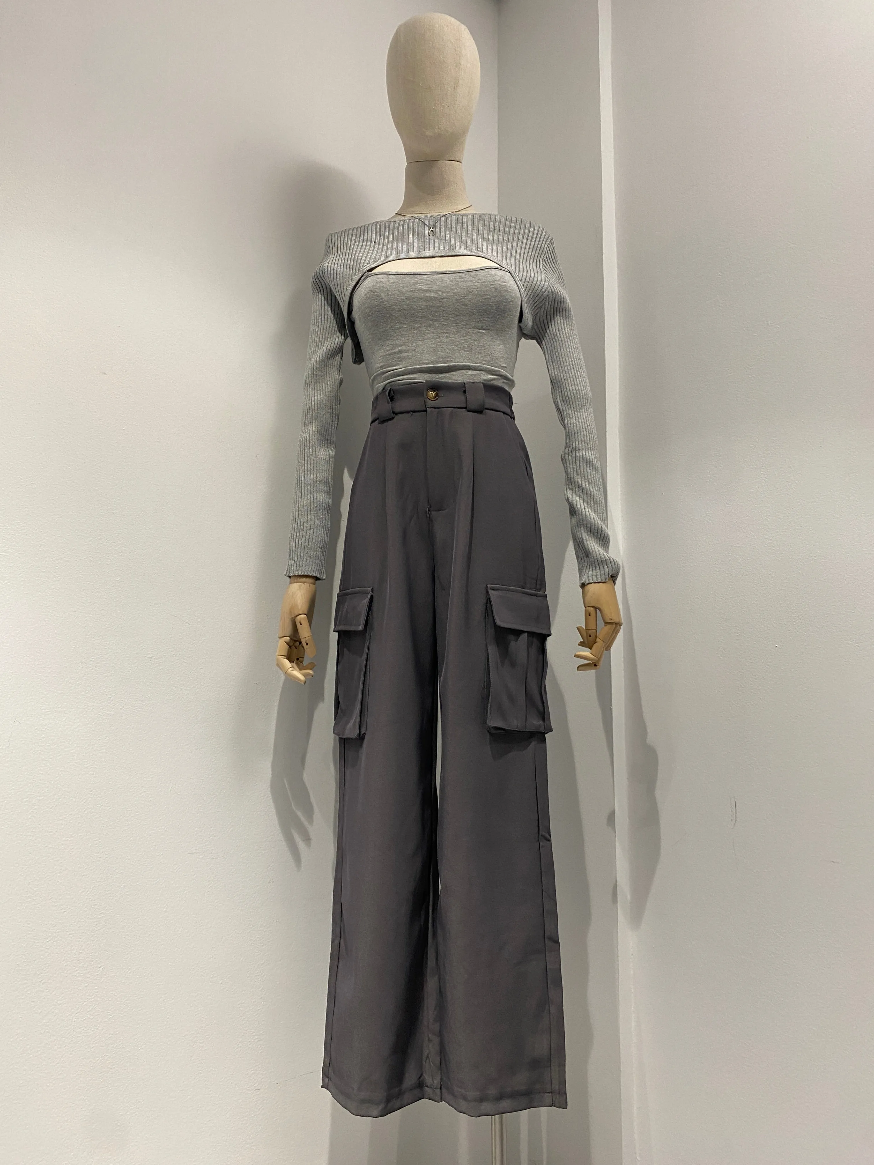 Wide Leg Cargo Trousers - Smoke