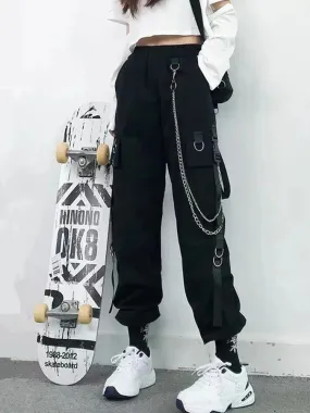 Women's Cargo Pants Harem Pants Street Fashion Punk Trousers with Pockets & Chain High Waist Streetwear